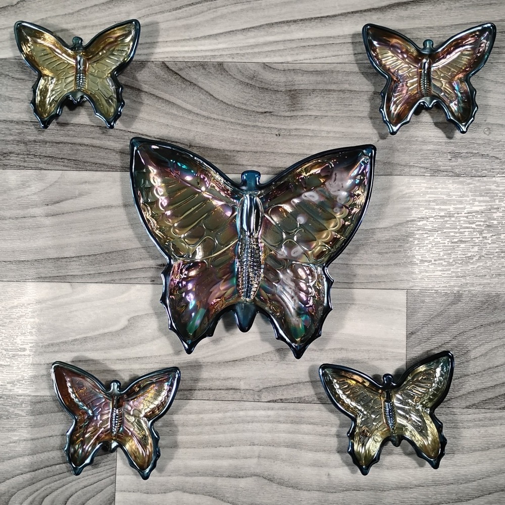 Vtg Jeannette Carnival Glass Butterfly Trinket Candy Dish Set Blue Iradescent